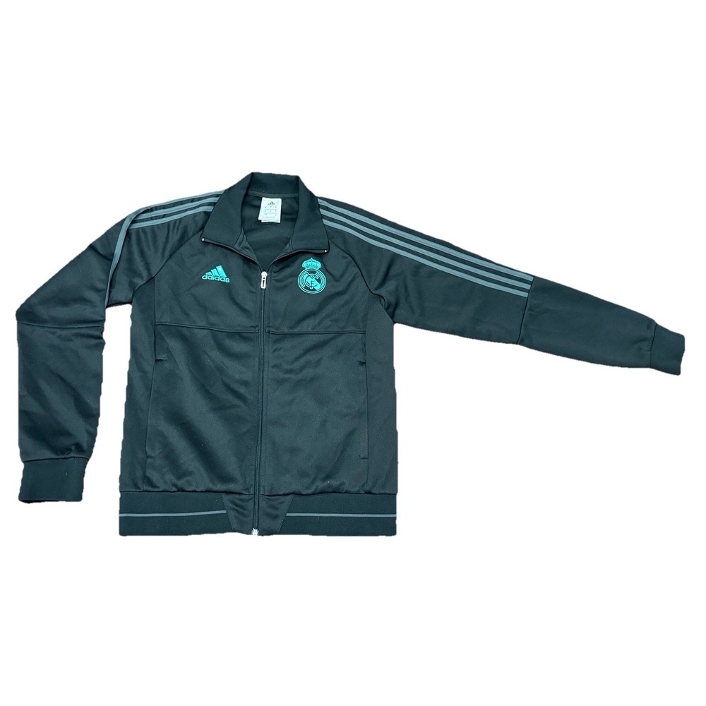 Real Madrid Training Jacket Full Zipped Black Adidas Mens Size S Striped Sleeves